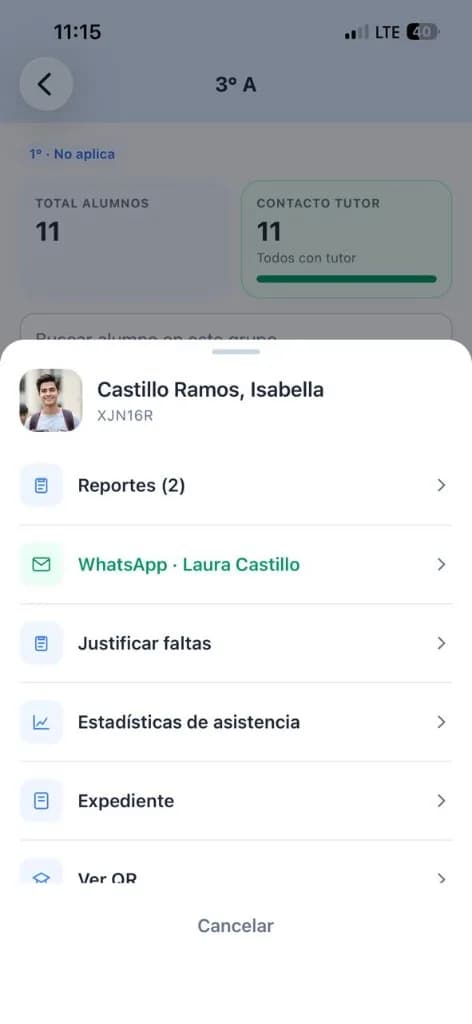 Menú rápido: reportes, WhatsApp y expediente
